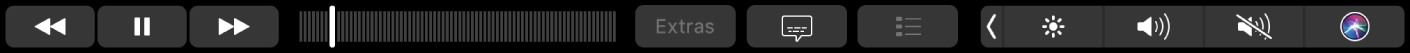 Die TV-Touch Bar mit Tasten für Zurückspulen, Wiedergabe/Pause, schneller Vorlauf, Extras, Untertitel, Menü sowie eine Navigationsleiste.