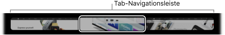 Die Tab-Navigationsleiste in der Safari-Touch Bar. Gezeigt wird eine kleine Vorschau jedes geöffneten Tabs.