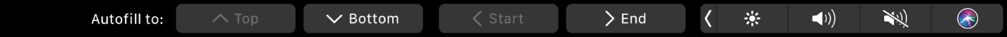 The Numbers Touch Bar with Autofill buttons displayed. These include top, bottom, start, and end.