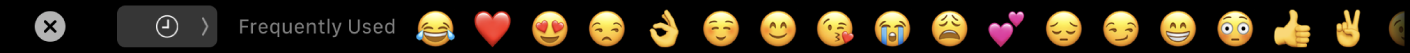 The Messages Touch Bar showing frequently used Emoji options and the button for selecting different Emoji categories.