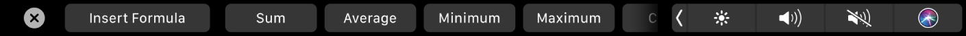 The Numbers Touch Bar displaying the Formula buttons. These include sum, average, minimum, maximum, and count.