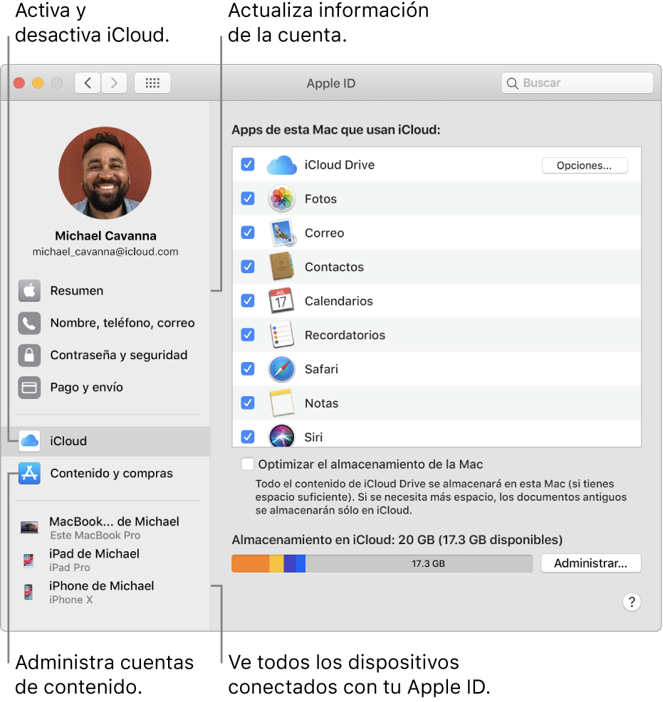 El panel Apple ID de Preferencias del Sistema. Haz clic en un elemento en la barra lateral para actualizar la información de tu cuenta, activar o desactivar iCloud, administrar cuentas de contenido o ver todos los dispositivos en los que has iniciado sesión con tu Apple ID.