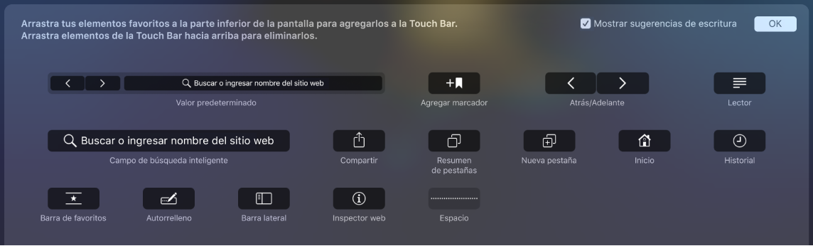 Las opciones Personalizar Safari que se pueden arrastrar a Touch Bar.