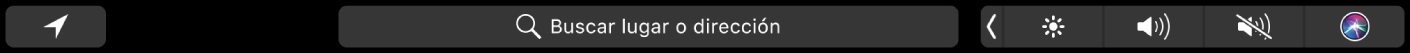 Touch Bar de Mapas con botones para obtener la ubicación actual e indicaciones. También se ve la barra de búsqueda.