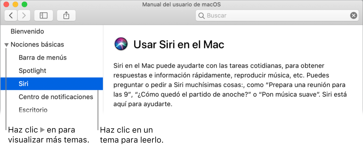 Visor de Ayuda donde se muestra cómo ver los temas enumerados en la barra lateral y cómo mostrar el contenido de un tema.