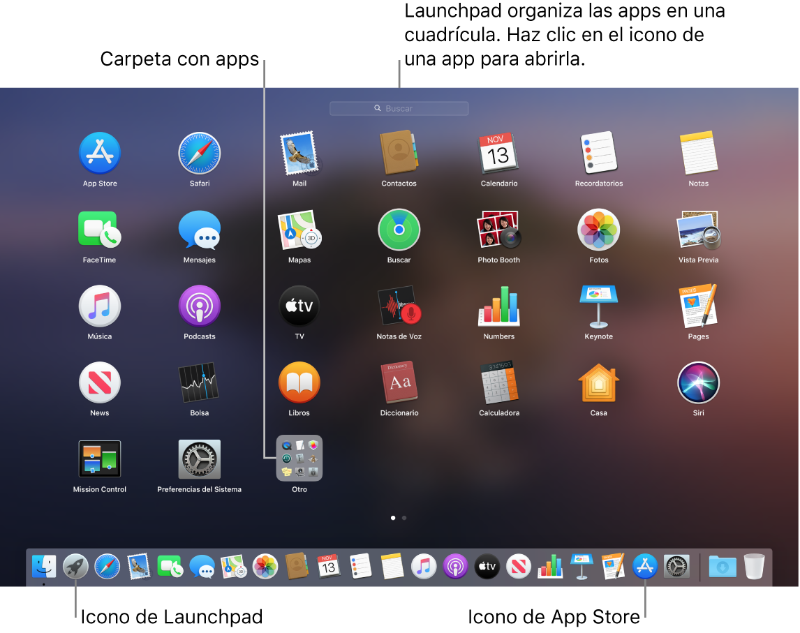 Una pantalla de Mac con Launchpad abierto, donde se muestra una carpeta de apps en Launchpad y los iconos de Launchpad y de Mac App Store en el Dock.