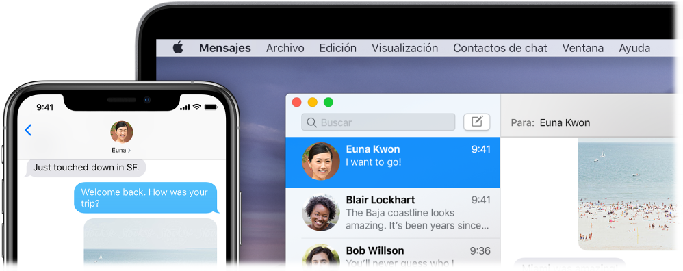 App Mensajes abierta en un Mac con la misma conversación que en la app Mensajes de un iPhone.