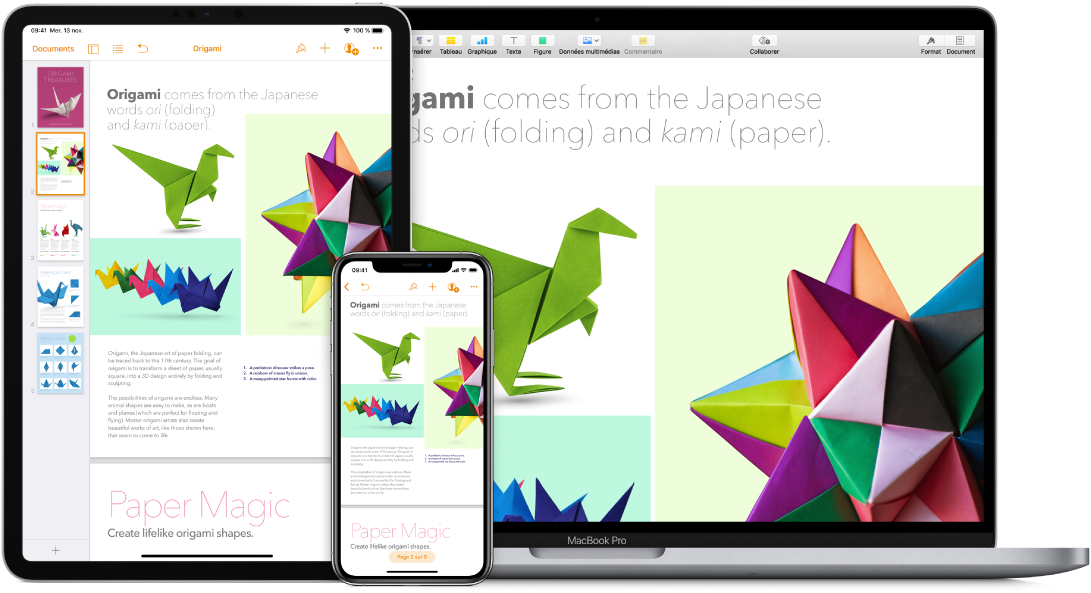 Contenu identique affiché sur un MacBook Pro, un iPad et un iPhone.