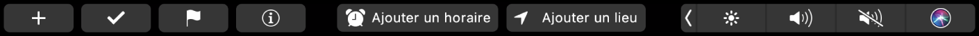 Touch Bar Rappels avec des boutons pour un nouveau rappel, cocher, marquer d’un drapeau, obtenir des infos, Ajouter un horaire et Ajouter un lieu.