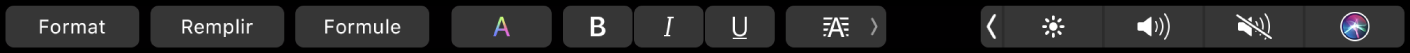Touch Bar de Numbers affichant des boutons correspondant à la mise en forme, au remplissage automatique et aux formules. Il existe également des boutons de mise en forme de texte : couleur, gras, italique, souligné et alignement.