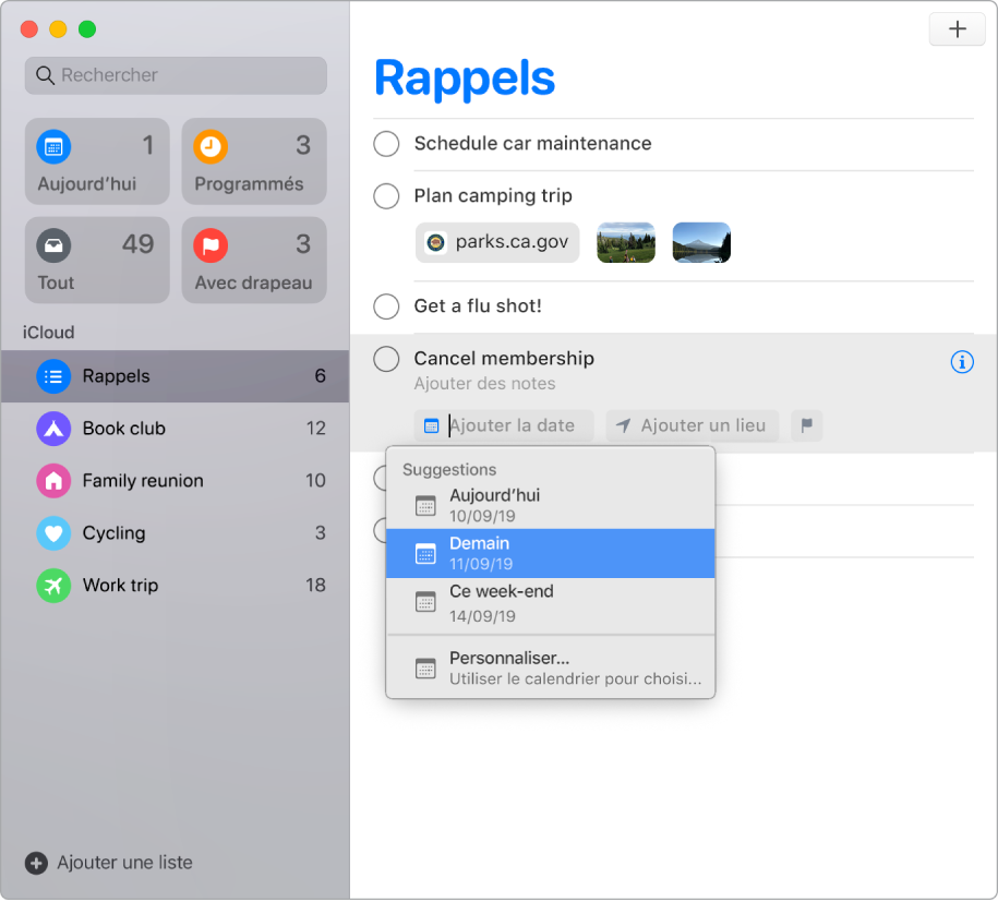 Une fenêtre Rappels avec les boutons de modification visibles pour un rappel. Le pointeur se trouve dans « Ajouter la date », créant un menu avec les suggestions pour Aujourd’hui, Demain, « Cette semaine » et « Personnaliser ».