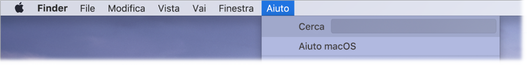 Una vista parziale della scrivania con il menu Aiuto aperto che mostra le opzioni di menu Cerca e Aiuto macOS.