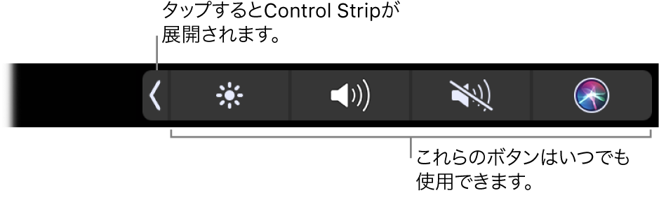 デフォルトのTouch Barの画面の一部。しまわれたControl Stripが表示されています。展開ボタンをタップすると、Control Strip全体が表示されます。