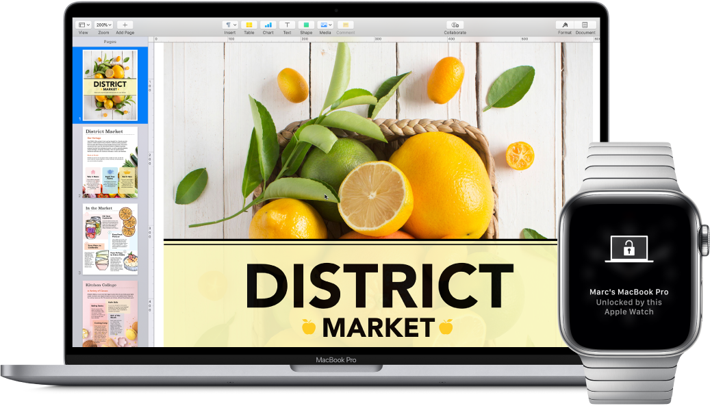 Mac компьютерінің құлпы сағатпен ашылғанын білдіретін хабарды көрсетіп тұрған Apple Watch құрылғысының жанындағы MacBook Pro.