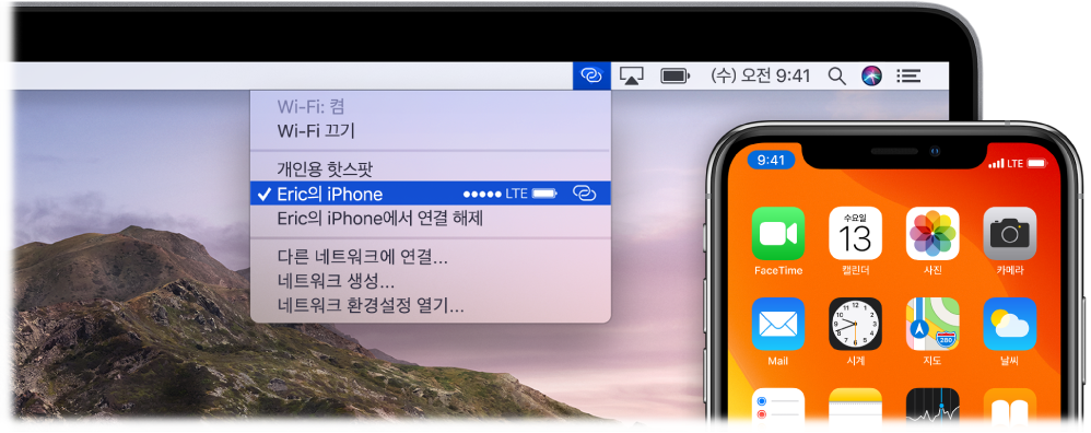 iPhone에 연결된 개인용 핫스팟을 표시하는 Wi-Fi 메뉴가 있는 Mac 화면.