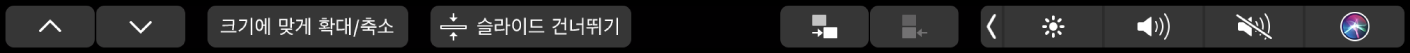 화살표 버튼, 크기에 맞게 확대/축소 버튼, 슬라이드 건너뛰기 버튼, 슬라이드 들여쓰기 버튼, 슬라이드 내어쓰기 버튼이 표시된 Keynote용 Touch Bar.