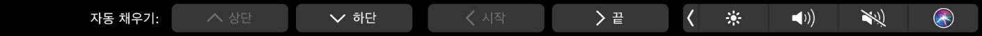 자동 완성 버튼이 표시된 Numbers용 Touch Bar. 자동 완성 버튼은 상단, 하단, 시작 및 끝을 포함합니다.