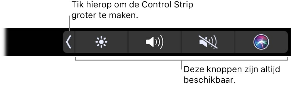 Een deel van de reguliere Touch Bar, met daarin de samengevouwen Control Strip. Tik op de uitvouwknop om de volledige Control Strip weer te geven.
