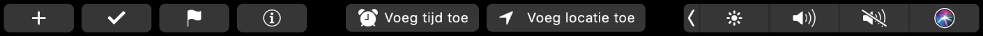 De Touch Bar voor Herinneringen met knoppen voor een nieuwe herinnering, afvinken, markeren, informatie, 'Voeg tijd toe' en 'Voeg locatie toe'.