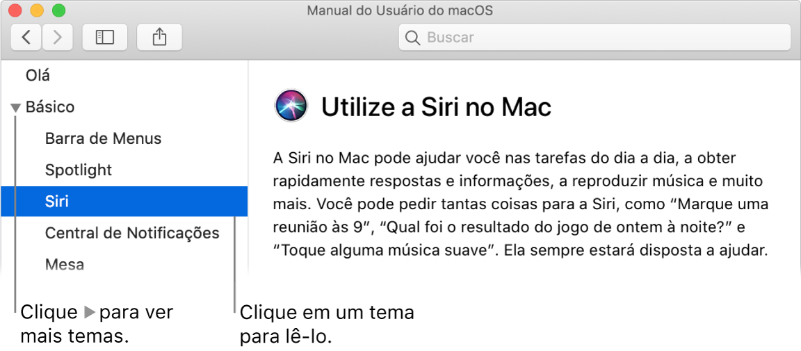 Visualizador de Ajuda mostrando como visualizar temas listados na barra lateral e como exibir o conteúdo de um tema.
