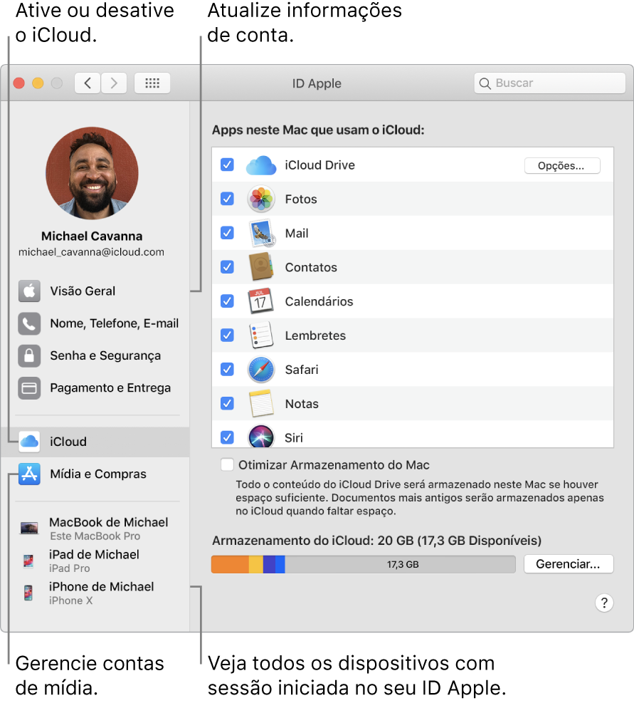O painel ID Apple nas Preferências do Sistema. Clique em um item na barra lateral para atualizar suas informações de conta, ativar ou desativar o iCloud, gerenciar contas de mídia ou ver todos os dispositivos com uma sessão iniciada com o seu ID Apple.