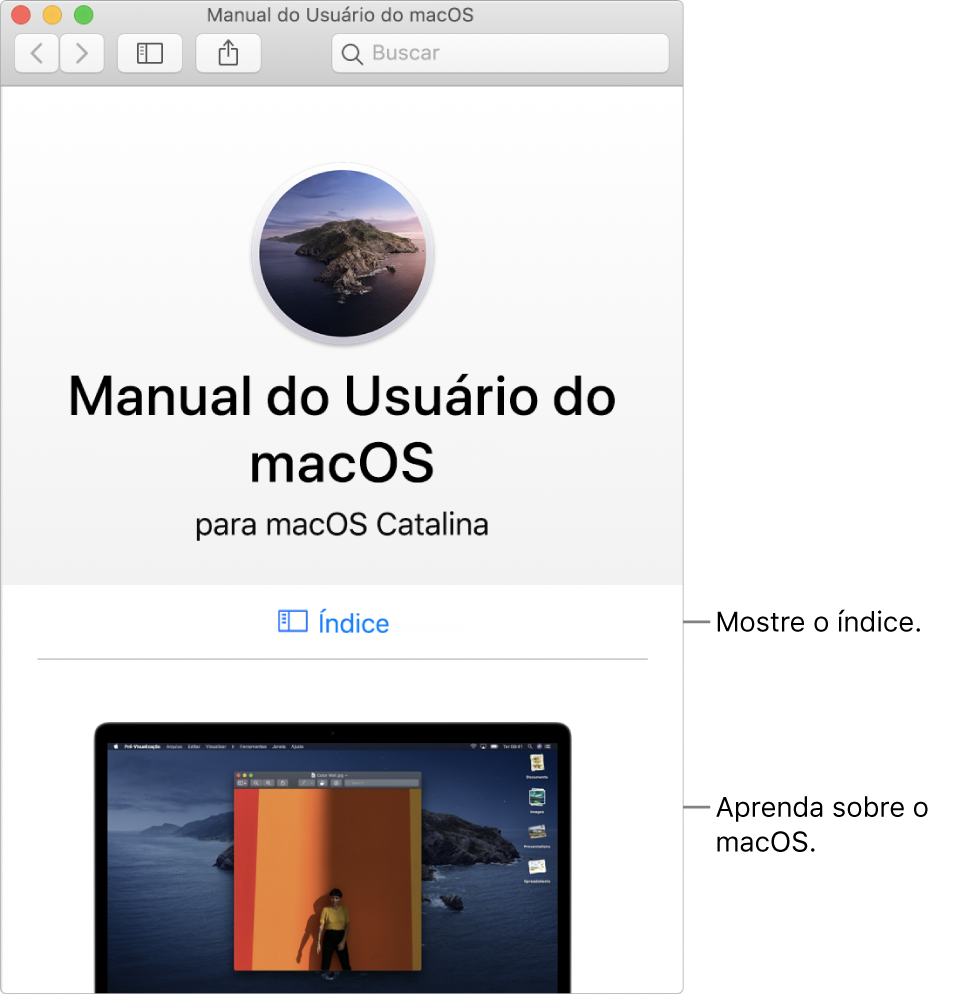 Página de boas-vindas do Manual do Usuário do macOS mostrando o link Índice.
