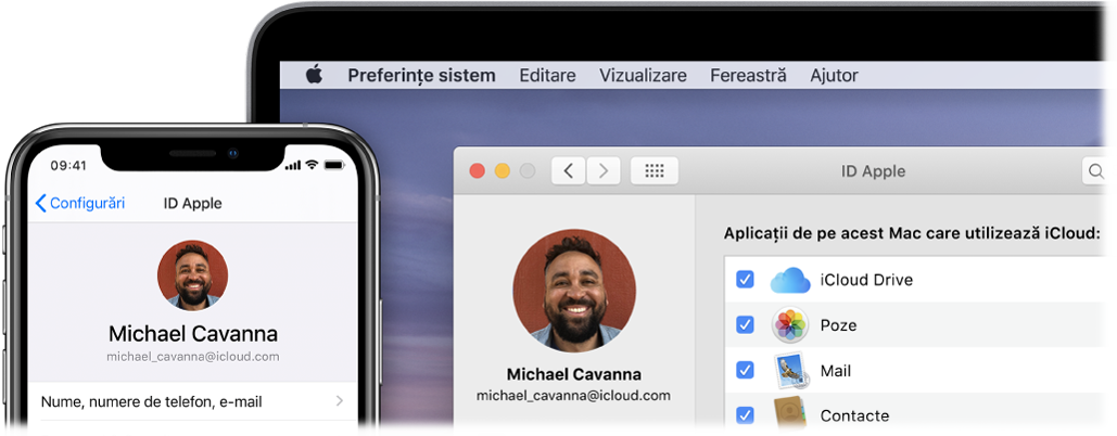 Un iPhone care afișează configurările pentru iCloud și un ecran Mac care afișează fereastra iCloud.