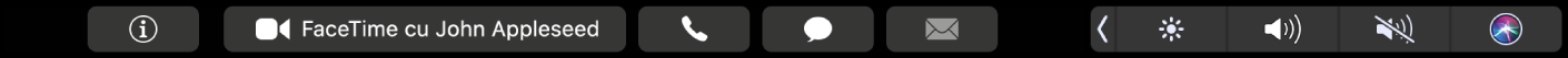 Touch Bar pentru FaceTime, cu butoane pentru obținerea de informații despre un contact și efectuarea unui apel video sau audio sau pentru trimiterea unui mesaj sau e-mail.