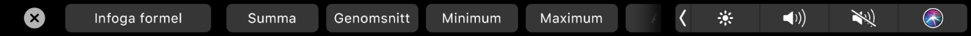 Touch Bar som visar formelknapparna. Bland annat visas summan, medelvärdet, lägsta värdet, högsta värdet och antalet.