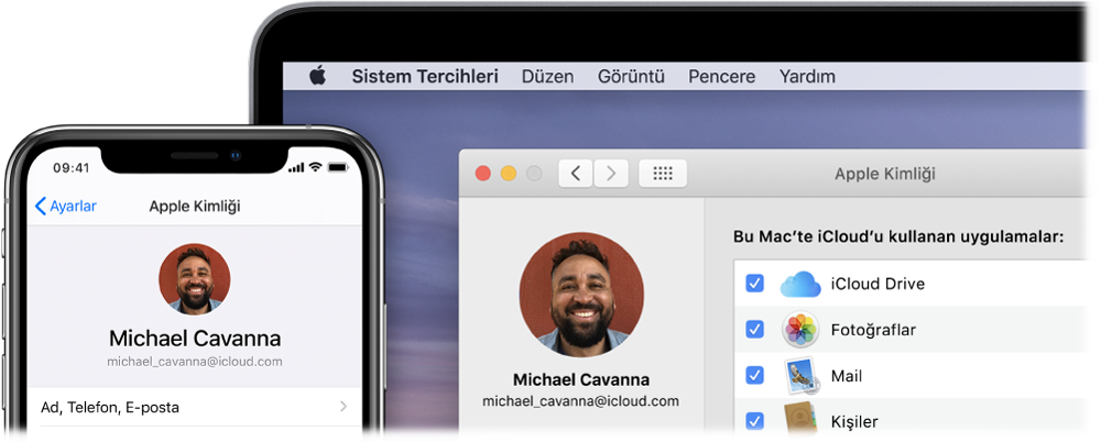iCloud ayarlarını gösteren bir iPhone ile iCloud penceresini gösteren bir Mac ekranı.