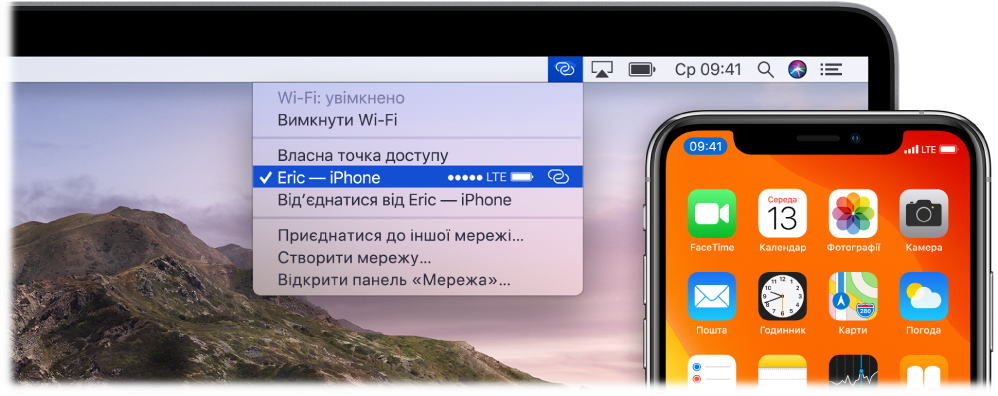 Екран Mac із меню Wi-Fi і персональною точкою доступу та під’єднаним iPhone.