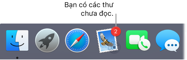 Một phần của Dock đang hiển thị biểu tượng ứng dụng Mail, với một biểu trưng cho biết số thư chưa đọc.