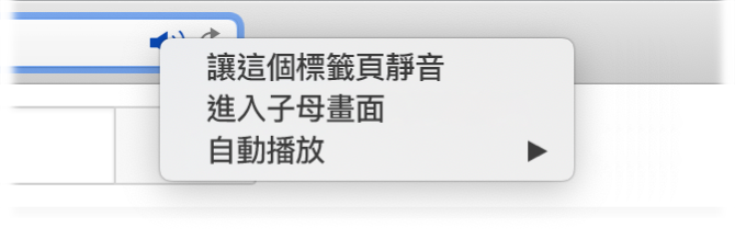 「音訊」圖像的子選單,含有「讓這個標籤頁靜音」、「進入子母畫面」和「自動播放」項目。