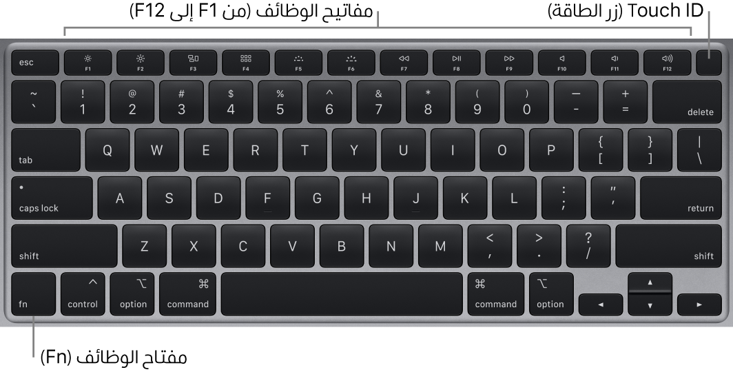 لوحة مفاتيح MacBook Air يظهر بها صف مفاتيح الوظائف ومفتاح الطاقة Touch ID على امتداد الجزء العلوي، ومفتاح الوظائف (Fn) في الزاوية السفلية اليسرى منها.