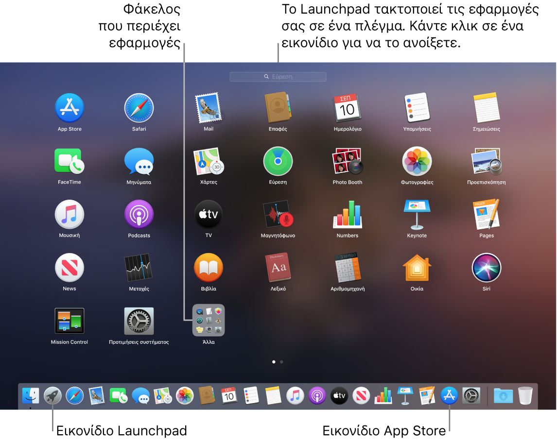 Οθόνη του Mac με ανοιχτό το Launchpad, στην οποία φαίνεται ένας φάκελος εφαρμογών στο Launchpad και το εικονίδιο του Launchpad και το εικονίδιο του Mac App Store στο Dock.