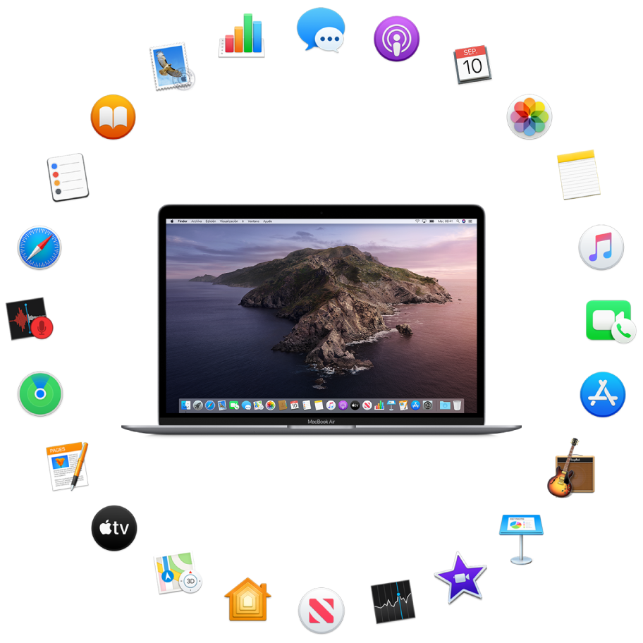 Una MacBook Air rodeada de íconos de las apps integradas y que se describen en las siguientes secciones.