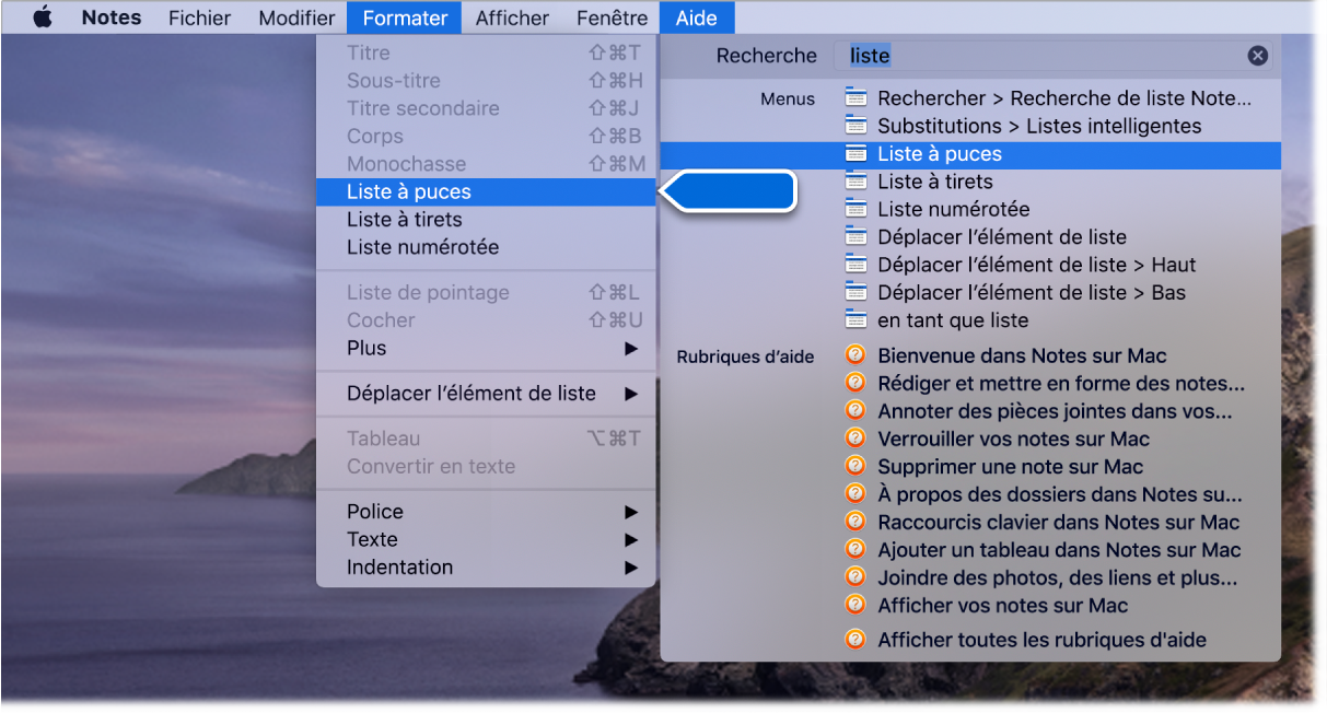 Le menu d’aide présentant une recherche dont le terme est « liste » et la commande « Liste à puces » surlignée dans la liste des résultats et dans le menu Format.
