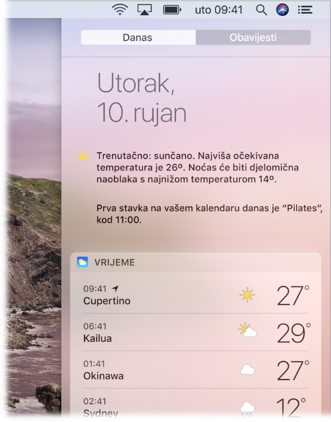 Djelomičan zaslon radne površine prikazuje otvoreni Centar za obavijesti s odabranom karticom Danas.