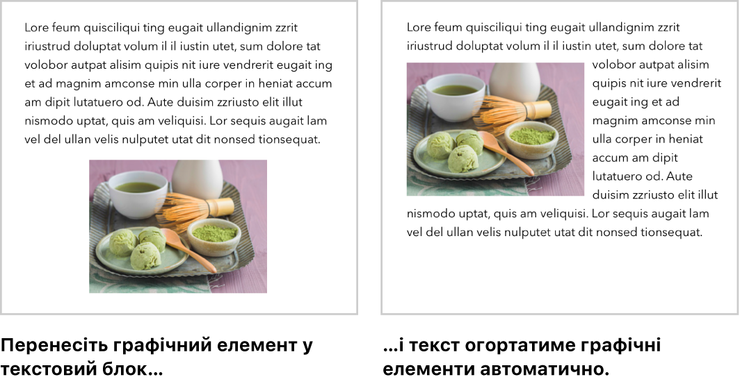 Вікно програми Pages, у якому показано, як текст обтікає зображення.