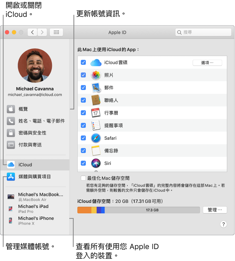 「系統偏好設定」中的 Apple ID 面板。按一下側邊欄中的項目來更新帳號資訊、開啟或關閉 iCloud、管理媒體帳號,以及查看所有使用您 Apple ID 登入的裝置。