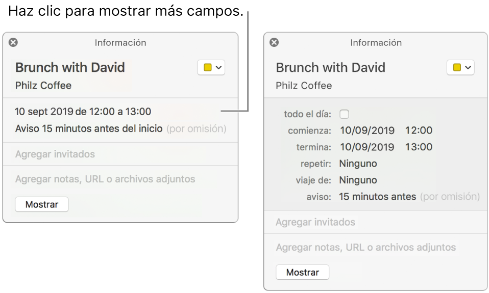 Ventana de información de un evento con los detalles ocultos (a la derecha), y la misma ventana mostrando los detalles de la duración (a la derecha).