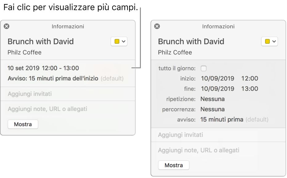 Finestra delle informazioni di un evento con i dettagli nascosti (a sinistra) e la stessa finestra che mostra la durata (a destra).