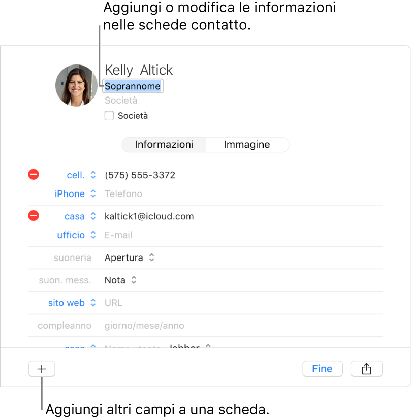Una scheda di un contatto con il campo nickname sotto il nome del contatto e, nella parte inferiore della finestra, un pulsante per l'aggiunta di altri campi alla scheda