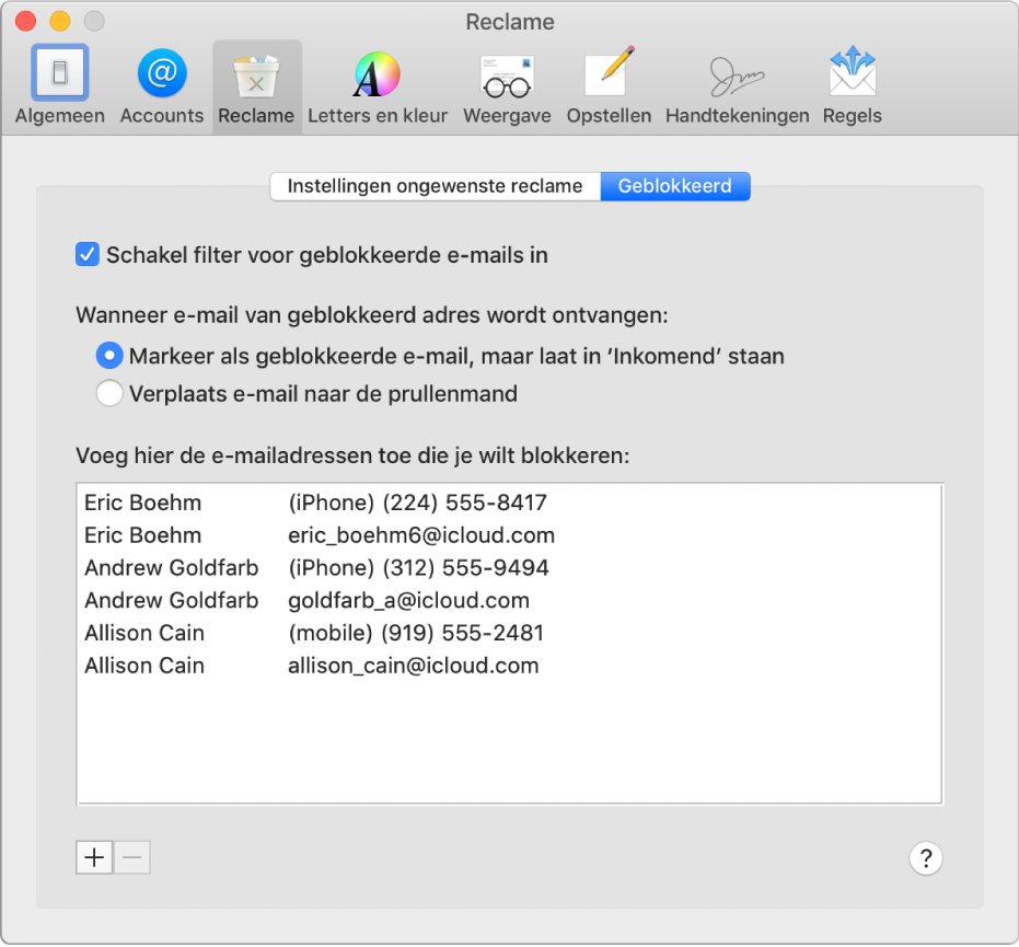 Het voorkeurenpaneel 'Geblokkeerd' met een lijst met geblokkeerde afzenders. De optie voor het filteren van geblokkeerde e-mail is ingeschakeld, evenals de optie waarmee geblokkeerde e-mail gemarkeerd wordt, maar na bezorging in 'Inkomend' blijft staan.