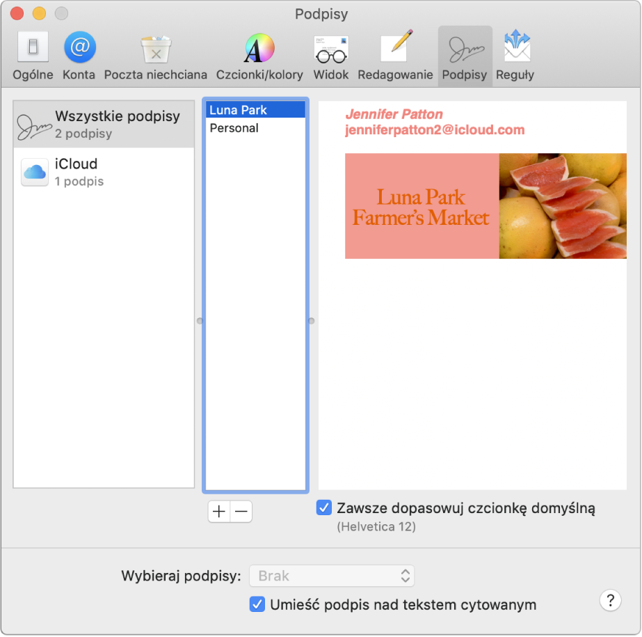 Panel Podpisy w preferencjach aplikacji Mail, zawierający podpis ze sformatowanym tekstem i grafiką.