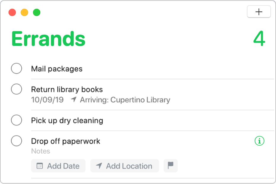 A reminder list showing a selected reminder with fields for entering the date, location and a flag.
