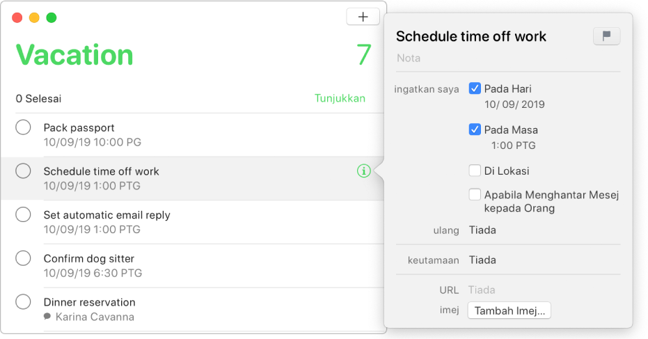 Senarai peringatan menunjukkan tetingkap pemeriksa untuk peringatan.