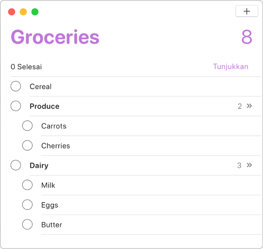 Senarai peringatan menunjukkan peringatan yang disusun dalam subtugas.