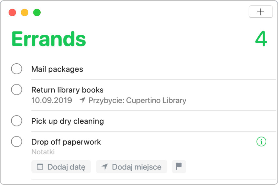 Lista przypomnień zawierająca zaznaczone przypomnienie z polami pozwalającymi na wprowadzenie daty, miejsca i flagi.