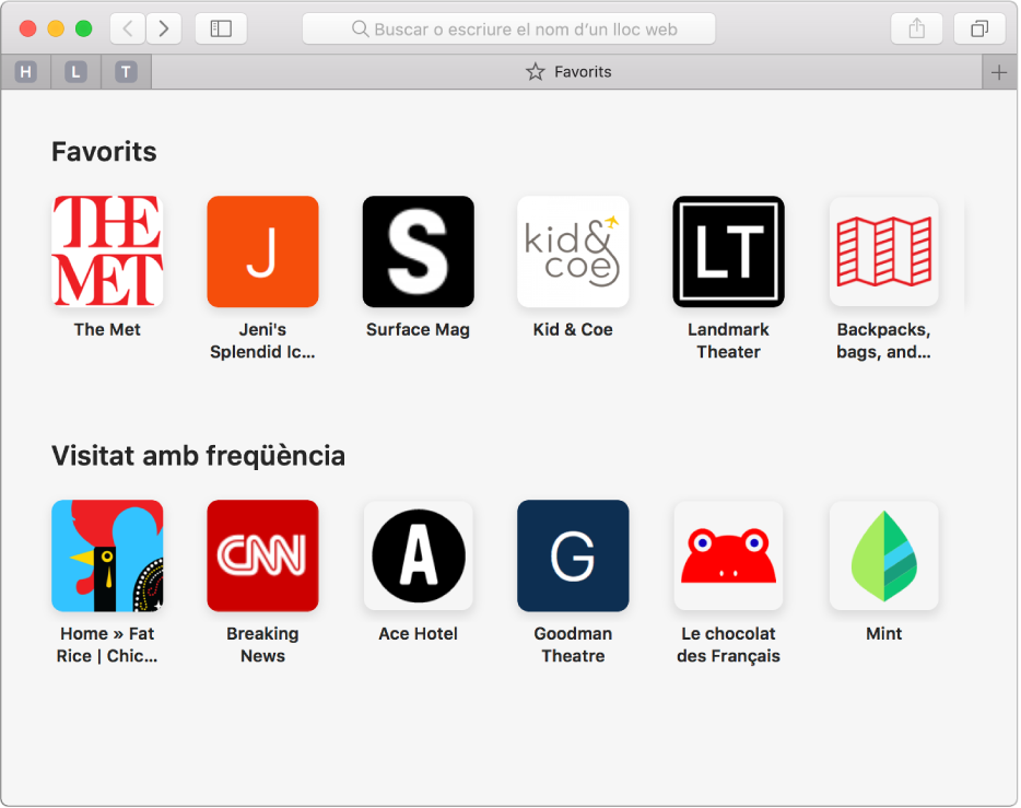 La pàgina principal del Safari, on es mostren els llocs web favorits i visitats freqüentment.